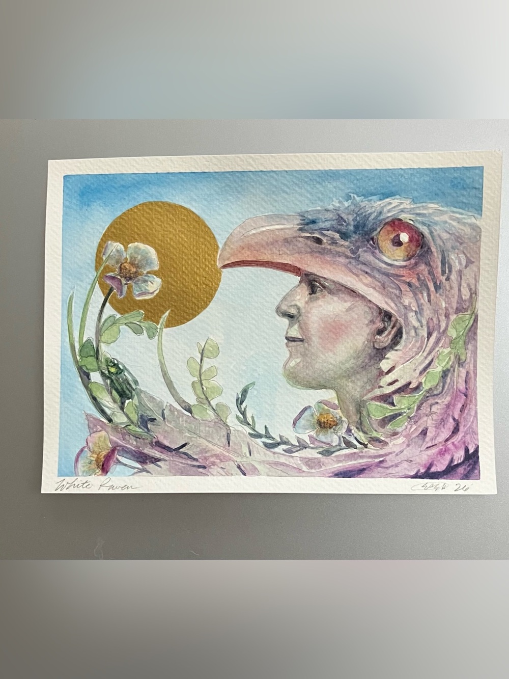 ORIGINAL white raven fantasy painting bird crow art surreal artwork gold accente